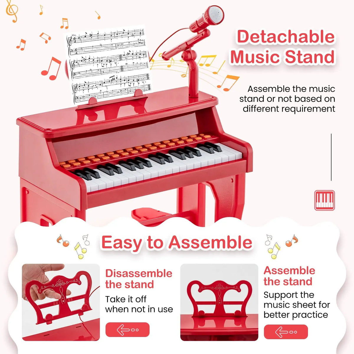37 Keys Music Piano with Microphone Kids Piano Keyboard with Detachable Music Stand, photo 24 of 24
