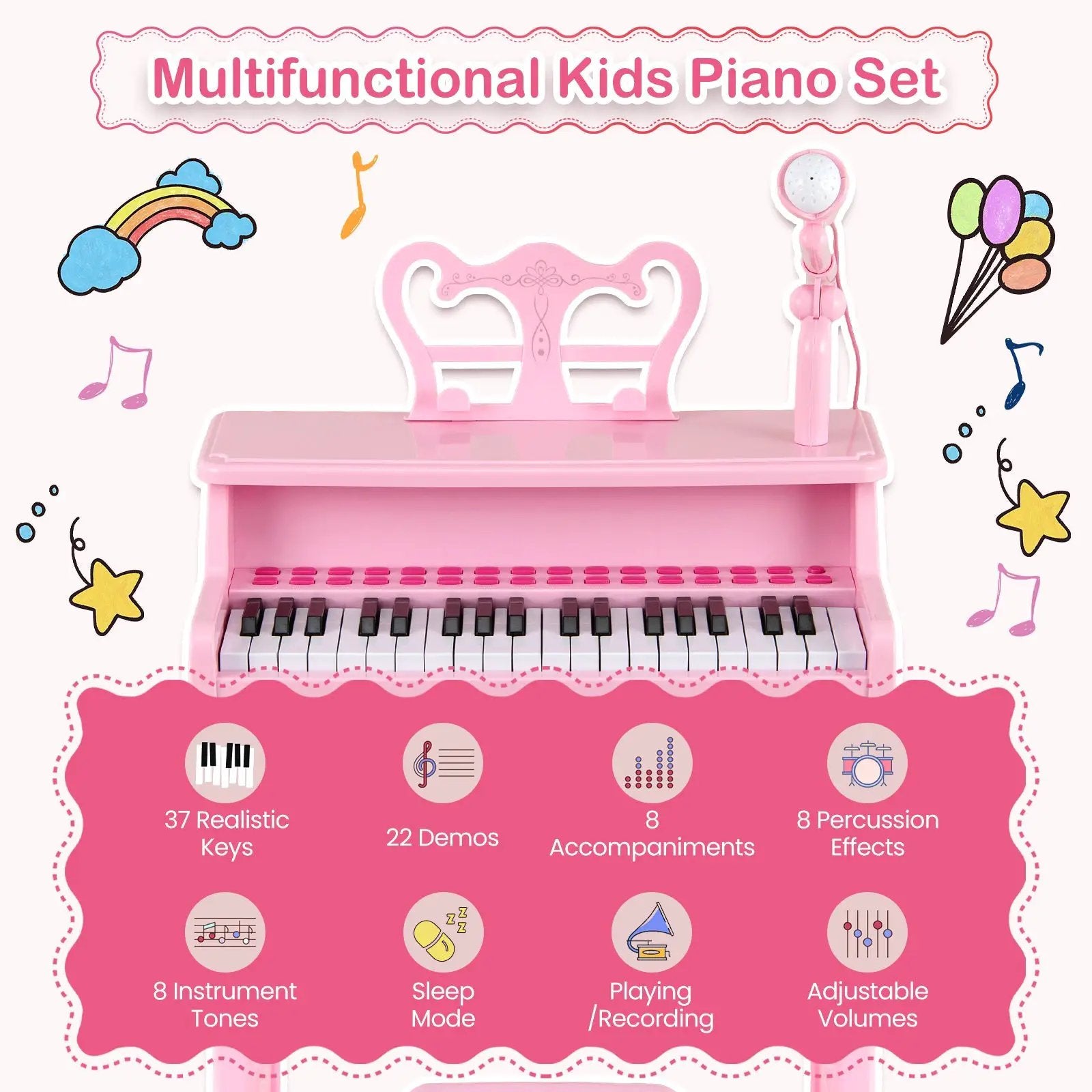 37 Keys Music Piano with Microphone Kids Piano Keyboard with Detachable Music Stand by DirectDeals