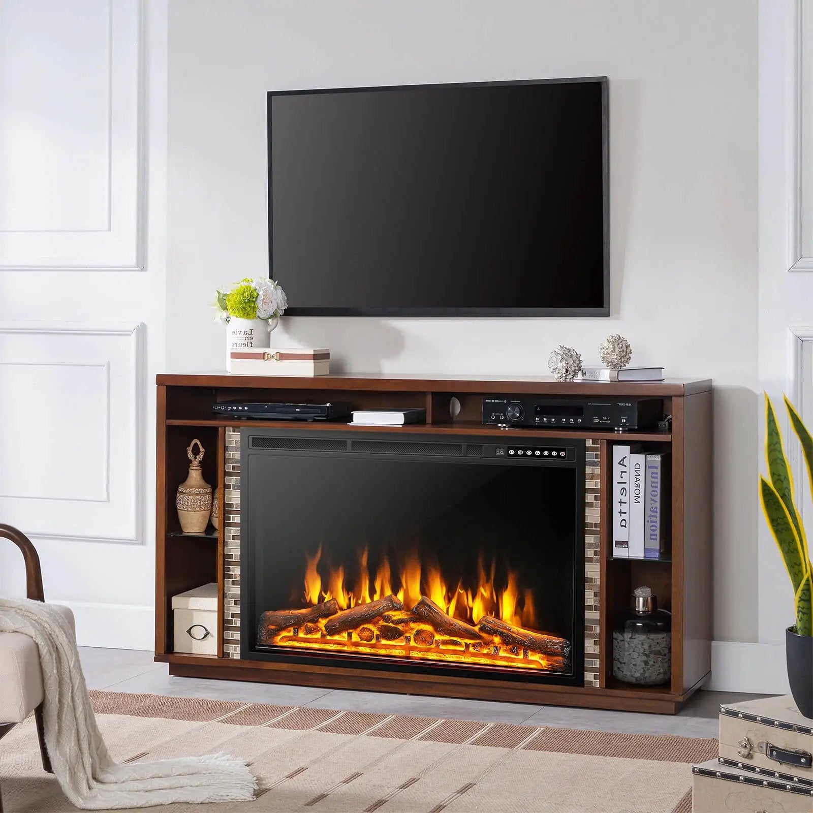 Electric Fireplace Recessed 34/37 Inch with Adjustable Flames by DirectDeals