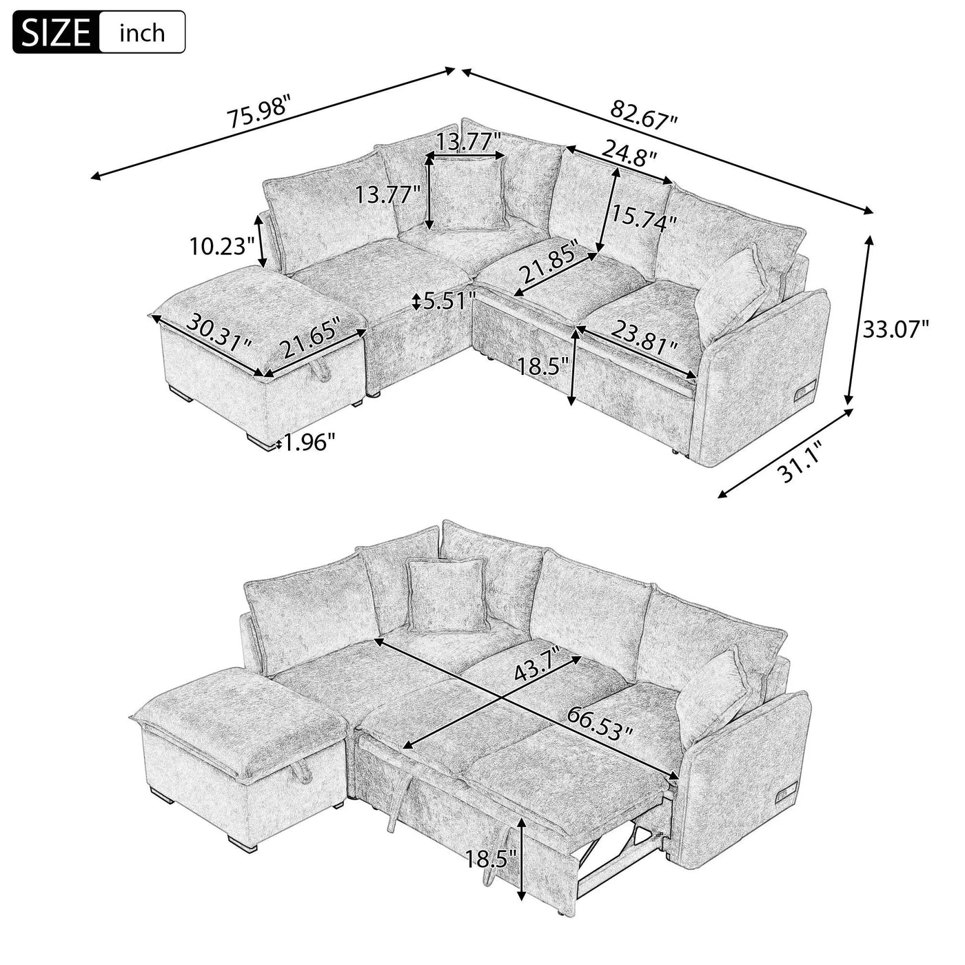 Convertible Sofa Bed Sectional Sofa Sleeper L-Shaped Sofa With A Storage Ottoman, Two Pillows, Two Power Sockets And Two USB Ports For Living Room by Unique Piece Furniture