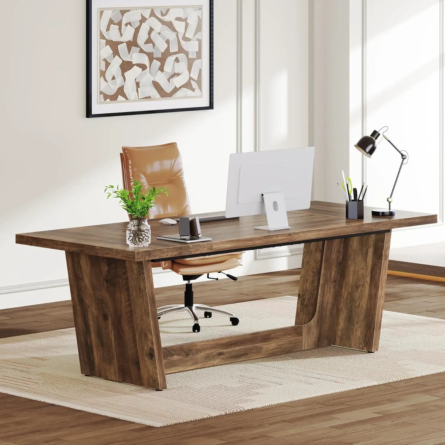 Executive Desk For Home Office, Computer Table With Pedestal, Large Writing Workstation - Brown by HouseOfZazla