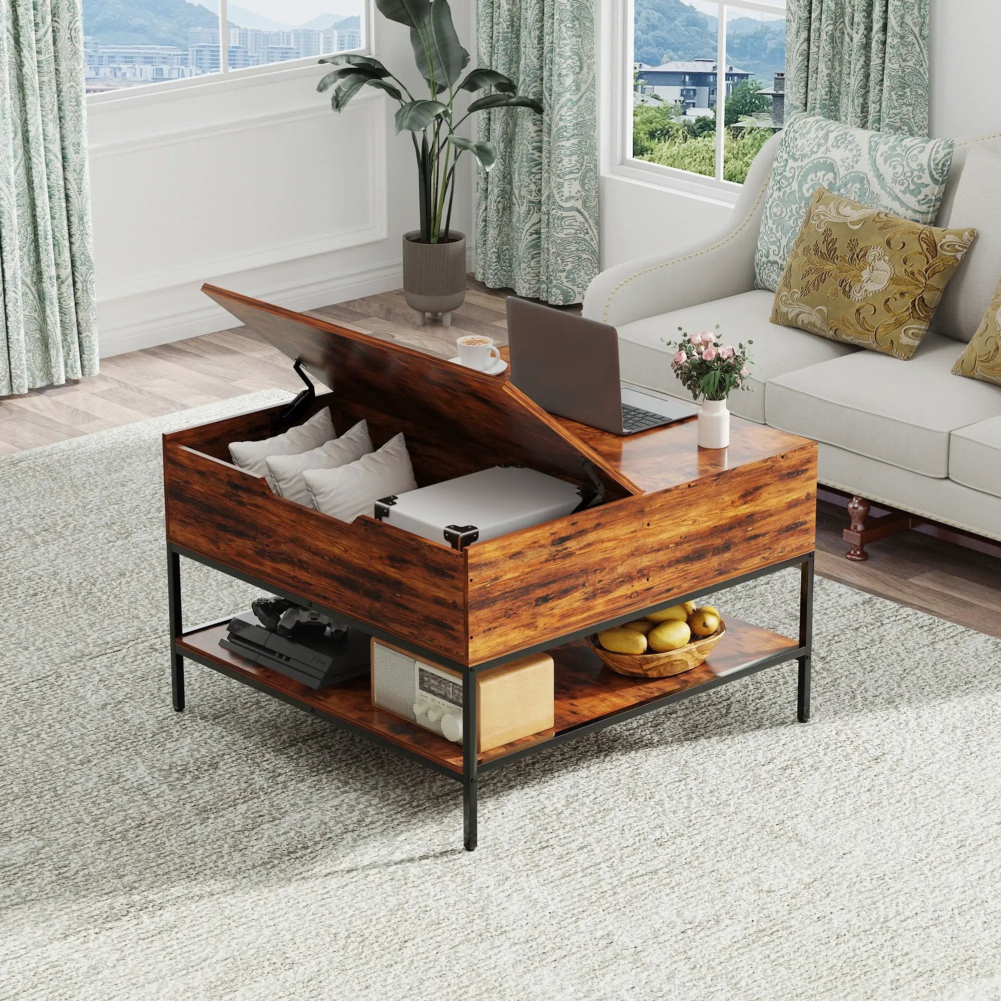 Flip-Top Coffee Table With Storage Lift-Top Design With Hidden Compartment - Black by Unique Piece Furniture
