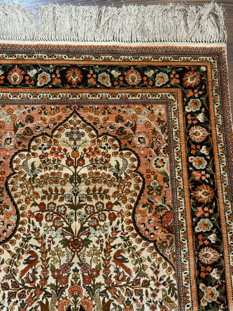 Exceptional Silk Rug 2.6 x 4, Very Fine 630 KPSI, Persian Vase Tree of Life Bird Pictorials, Handmade by Jewel Rugs