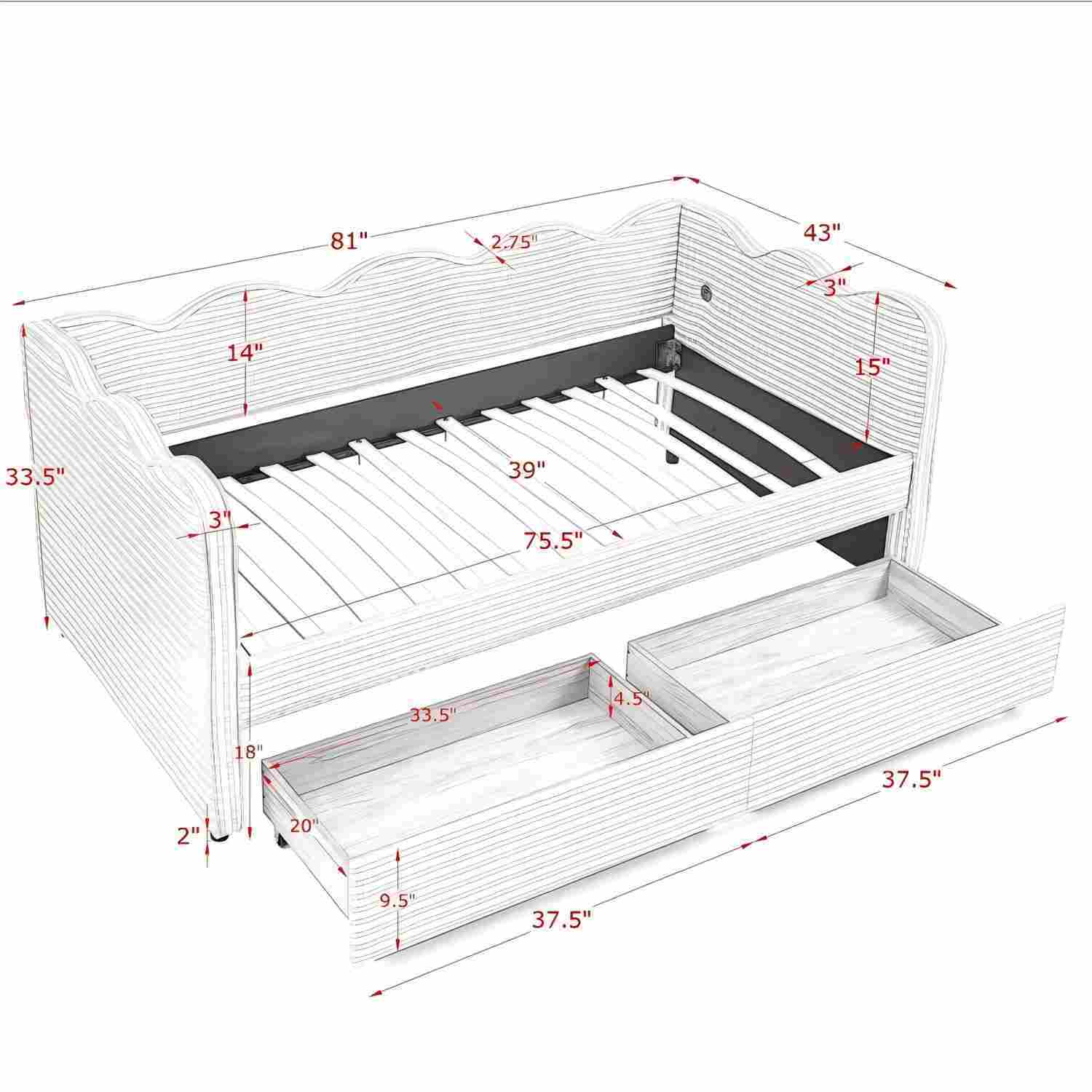 Gingham Daybed With USB Charging Port, Wave-Shaped Design by HouseOfZazla