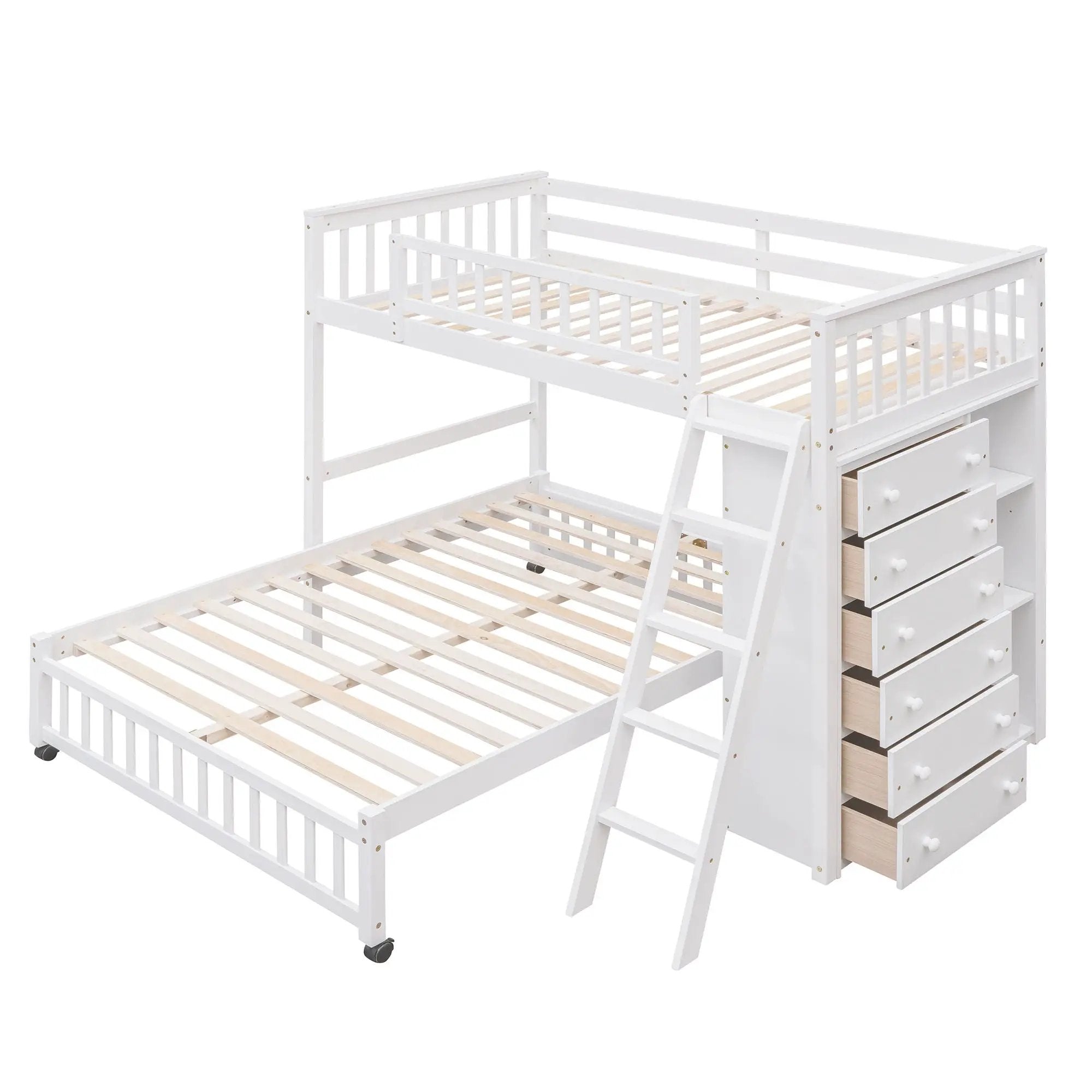 Bunk Bed With 6 Drawers And Flexible Shelves, Bottom Bed With Wheels by Unique Piece Furniture
