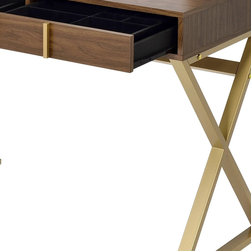Coleen Walnut & Gold Finish Vanity Desk with Mirror & Jewelry Tray by HouseOfZazla