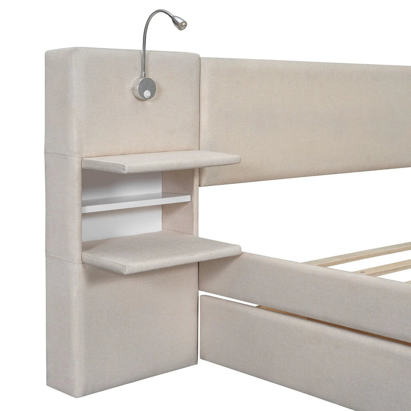 Upholstered Platform Bed With Reading Lights, Drawers, Trundle And Shelves by HouseOfZazla