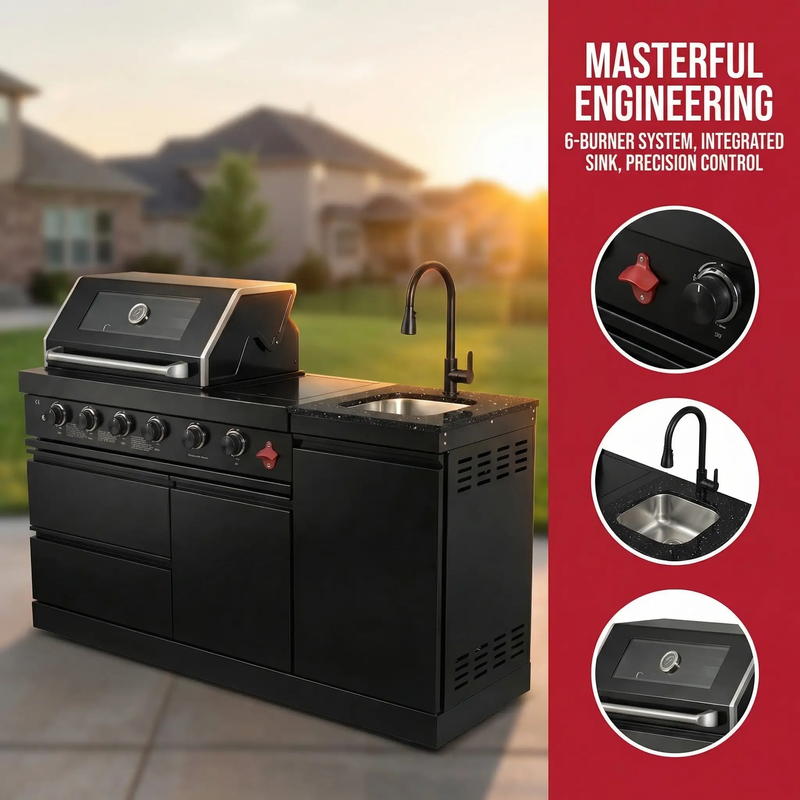 65" 4-Burner 72,000 BTU Black Outdoor Kitchen Island Grill + Round Side Burner by Chery Industrial