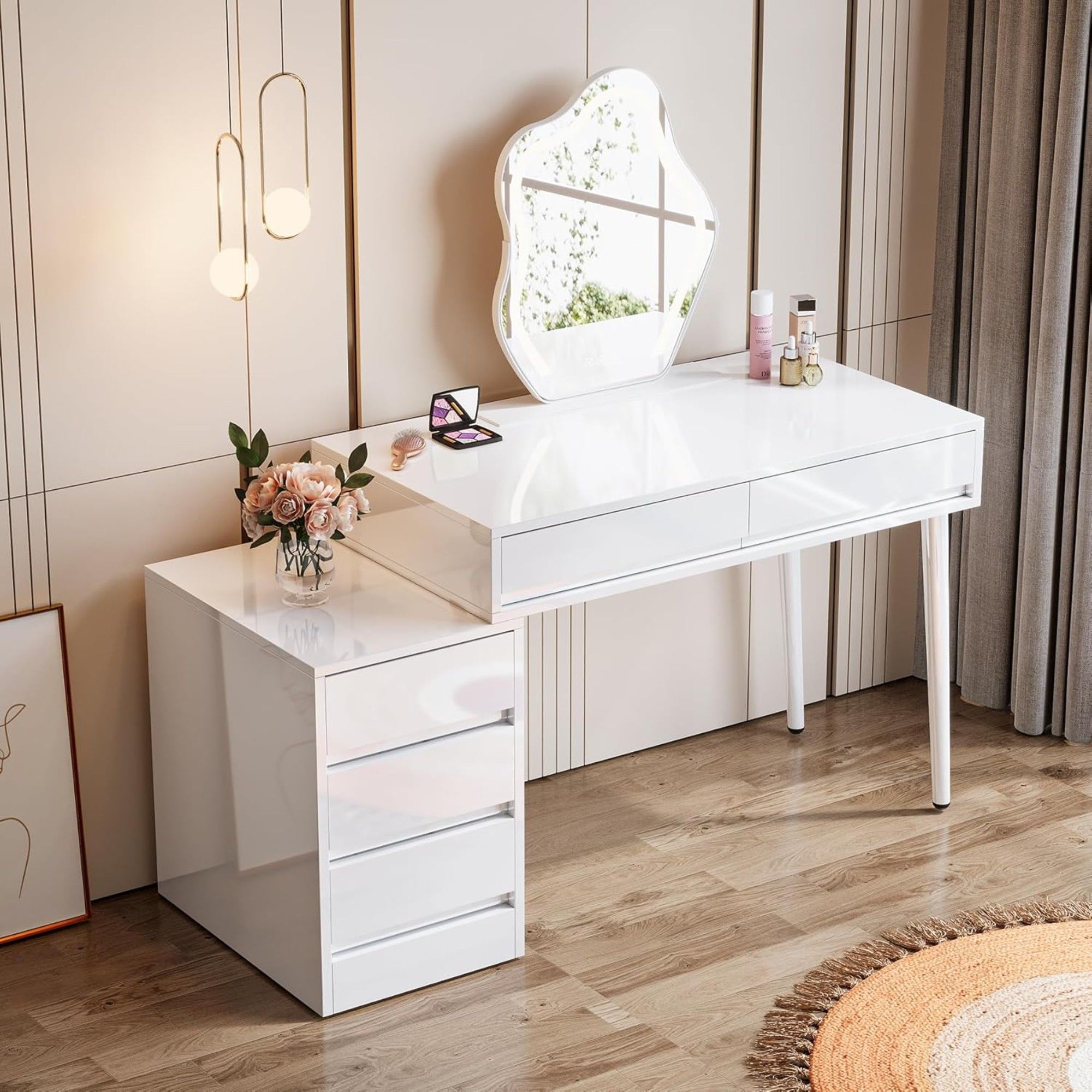 Glossy Desk With 5 Drawers & Printer Stand, Reversible Home Office Computer And Vanity Table For Small Spaces - White by HouseOfZazla