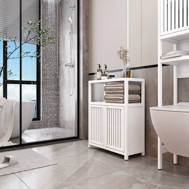 Bamboo Large Capacity Storage Cabinet With Shelves For Bathroom And Living Room - White by HouseOfZazla