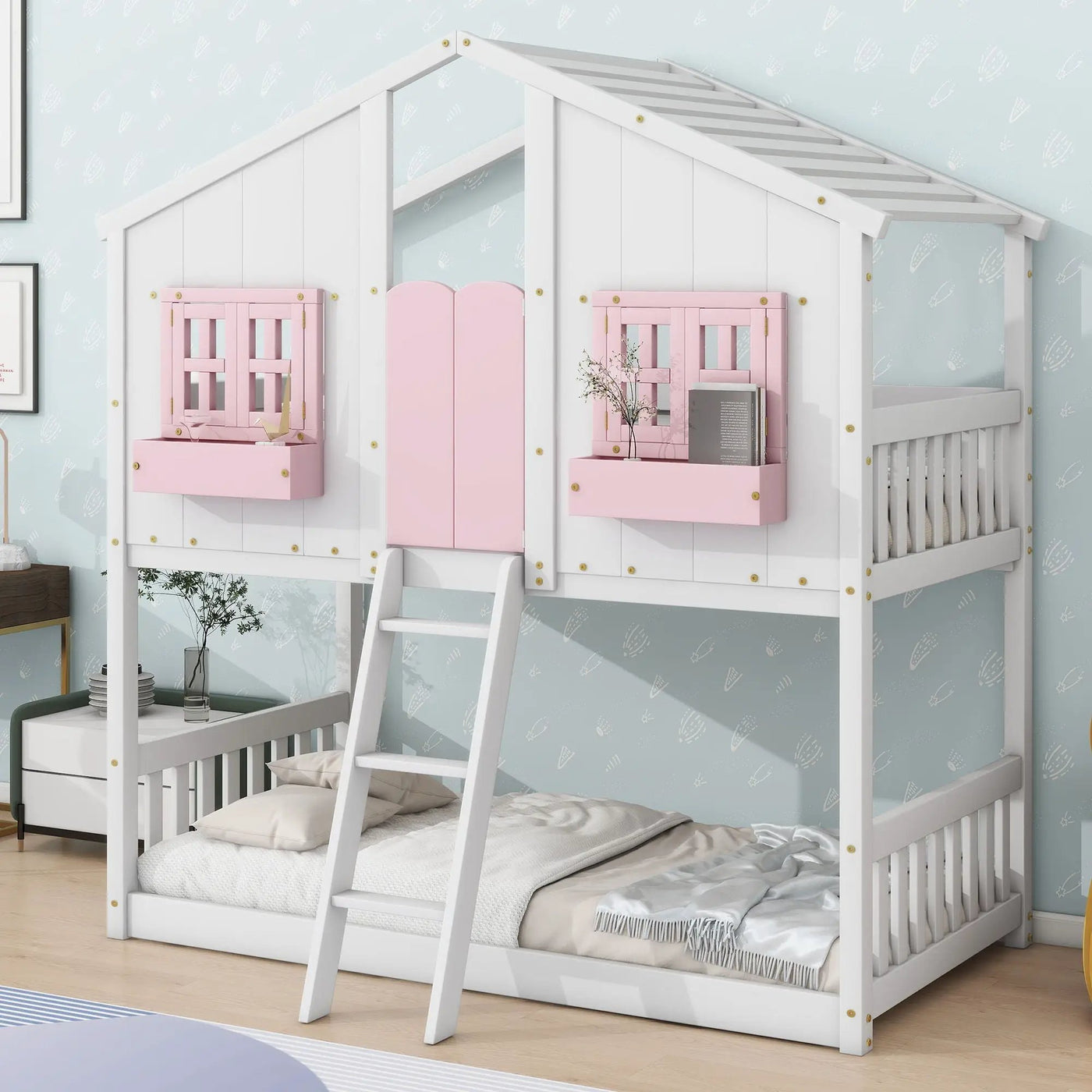 House Bunk Bed With Roof, Window, Window Box, Door, With Safety Guardrails And Ladder by Unique Piece Furniture