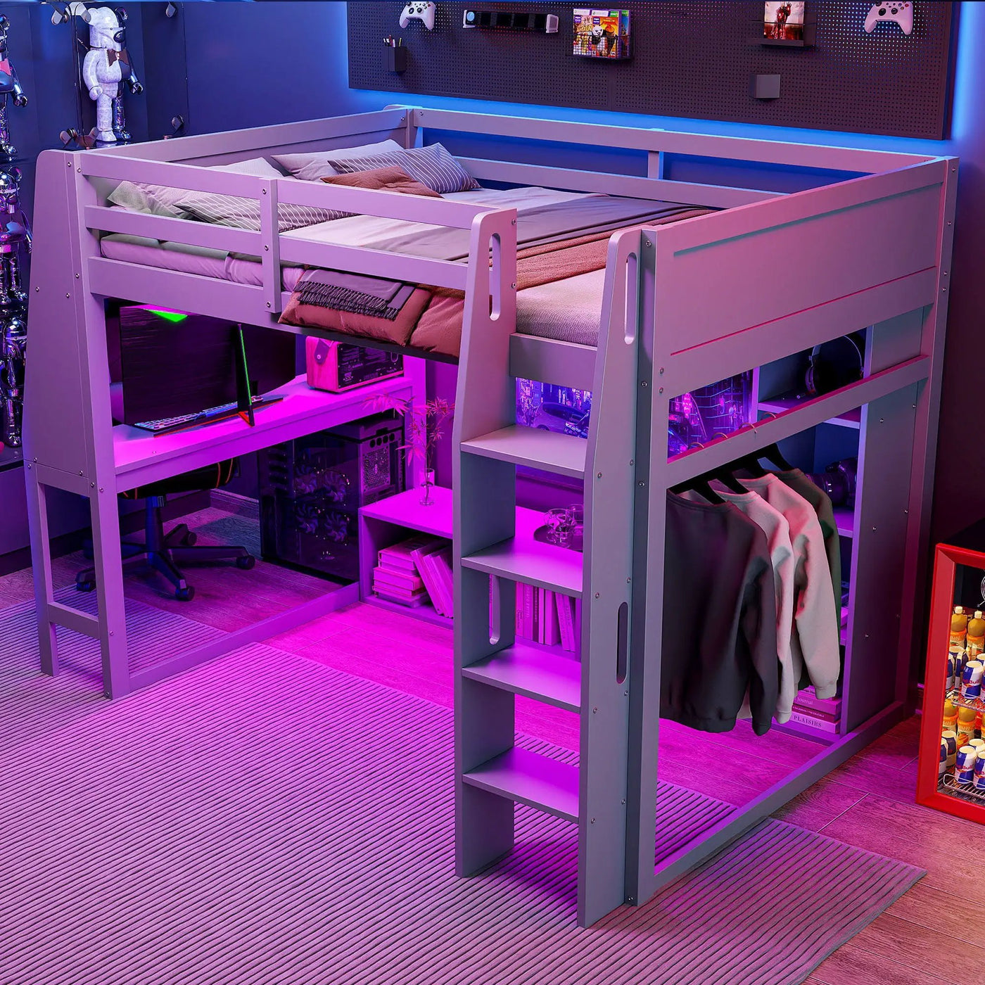 Gaming Loft Bed With Desk, Multi Storage Shelves, LED Lighting, And Hanging Clothes Rack by HouseOfZazla