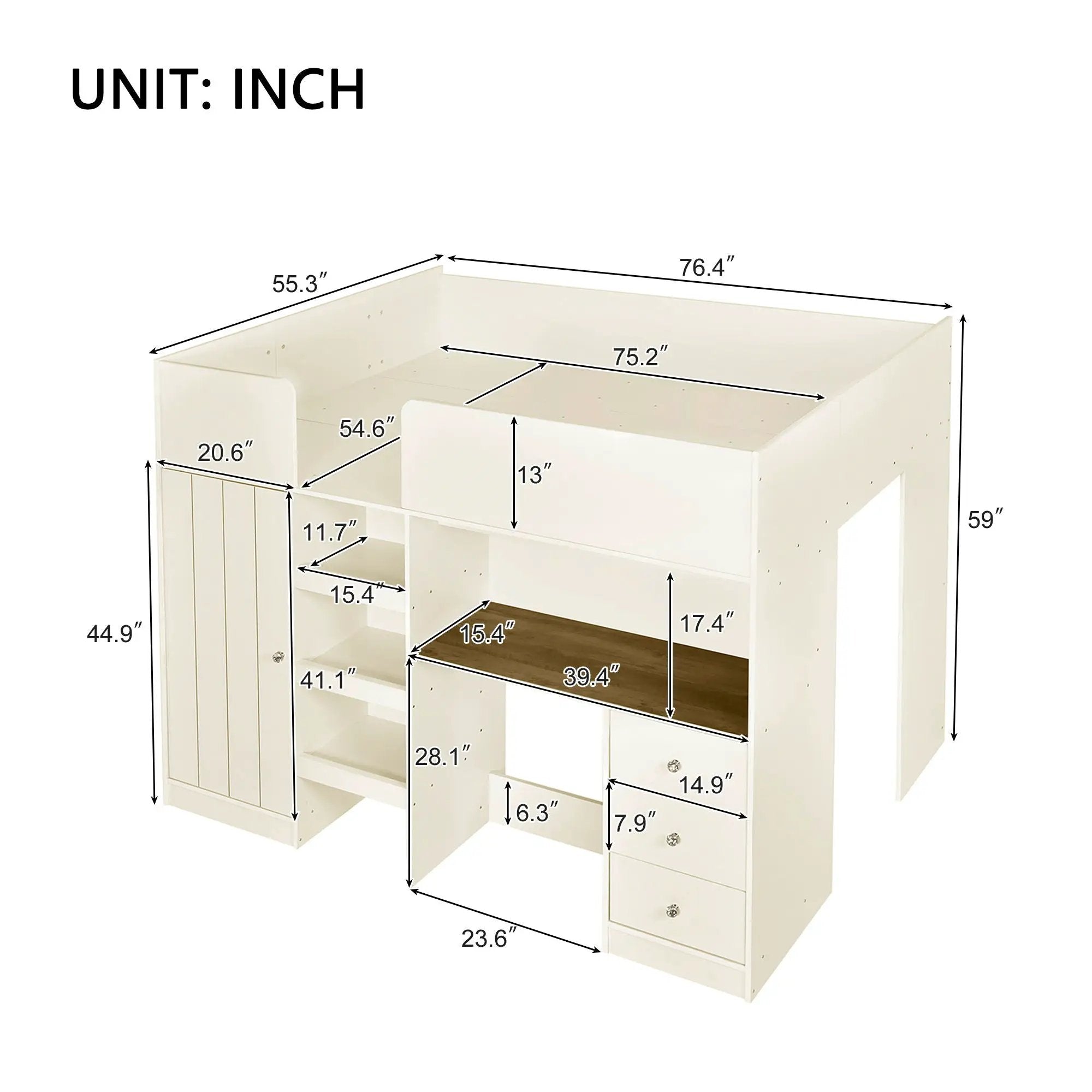 Loft Bed With Built In Wardrobe, Desk, Shelves, And Drawers by Unique Piece Furniture