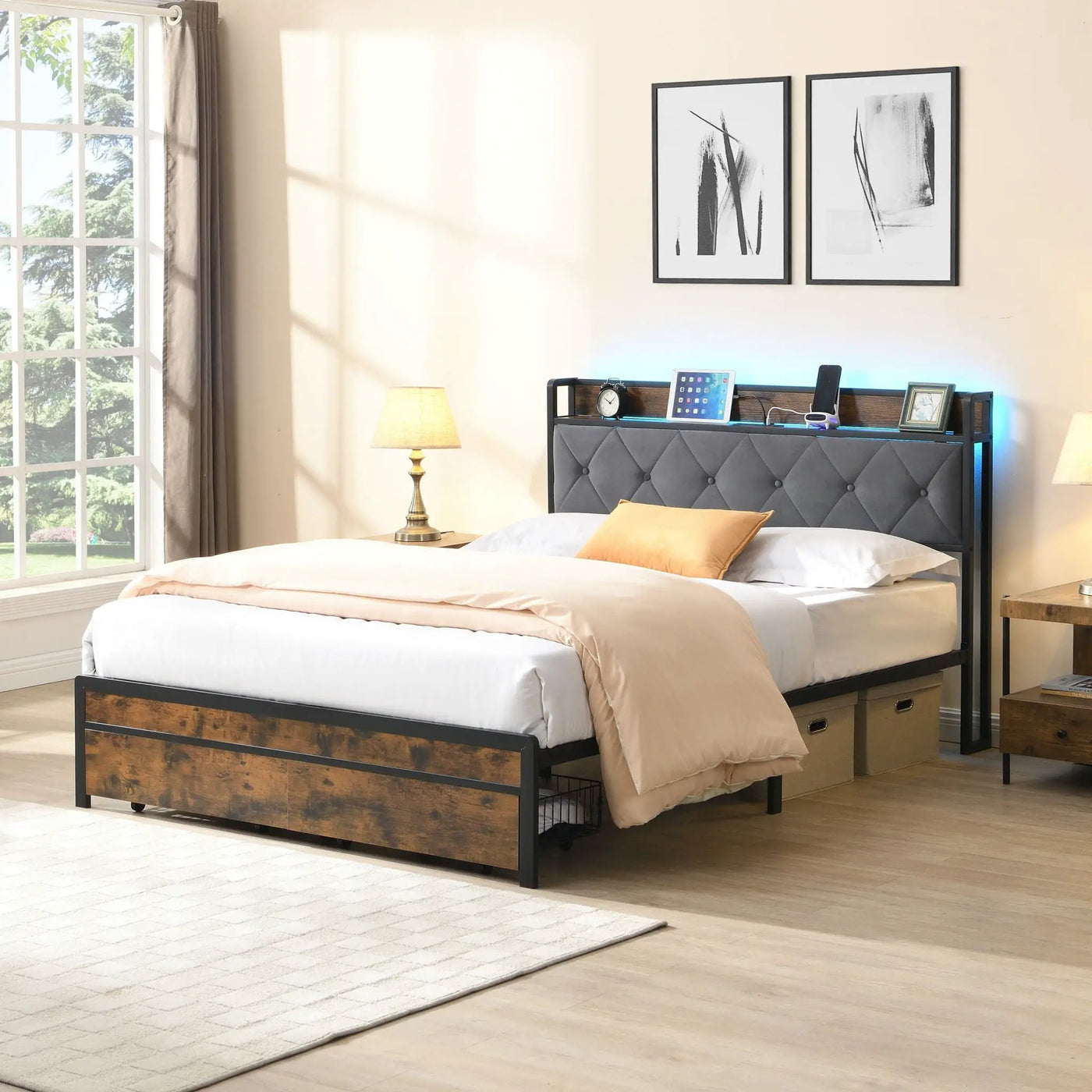 Modern Bed Frame With LED Lights, Upholstered Headboard, USB Charging by Unique Piece Furniture
