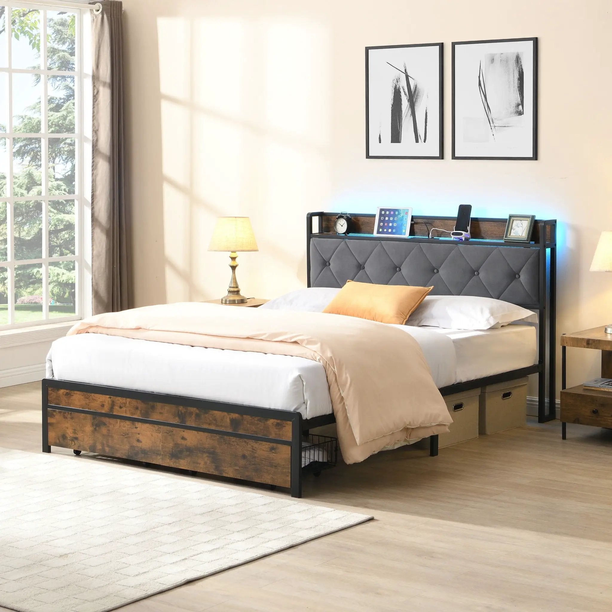 Modern Bed Frame With LED Lights, Upholstered Headboard, USB Charging by HouseOfZazla
