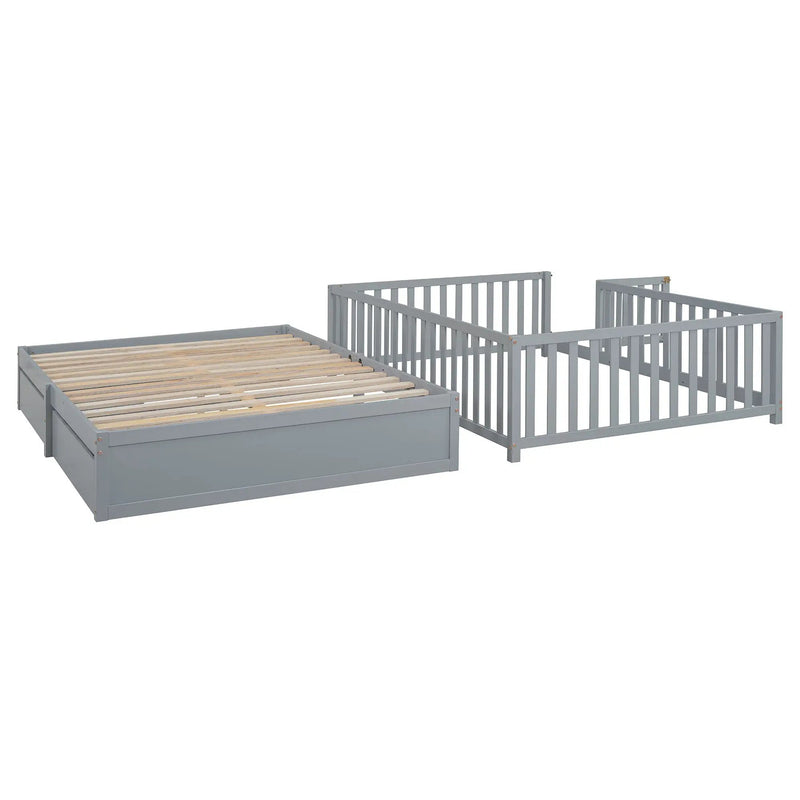 Daybed With Fence Guardrails And 2 Drawers, Split Into Independent Floor Bed & Daybed by HouseOfZazla