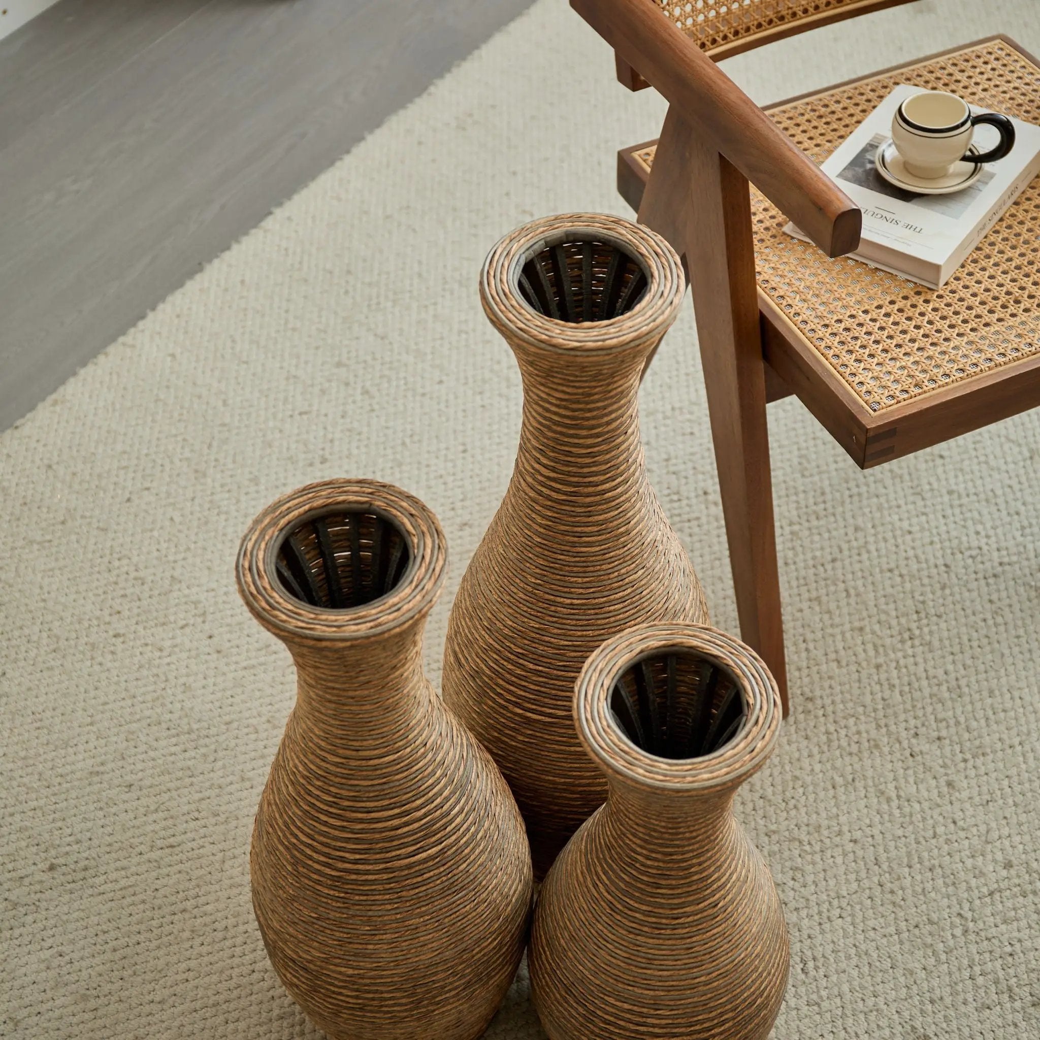 3 Piece Artificial Rattan Floor Vase Set Decorative Accent For Living Room, Hallway & Entryway, Ideal For Dried Or Silk Flower Arrangements - Beige by HouseOfZazla