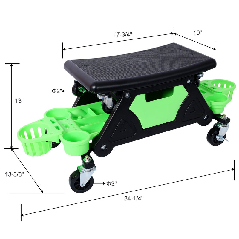 Rolling Detailing Creeper Seat With Wheels, Removable Tool Trays, 300 Lbs Capacity - Green by HouseOfZazla