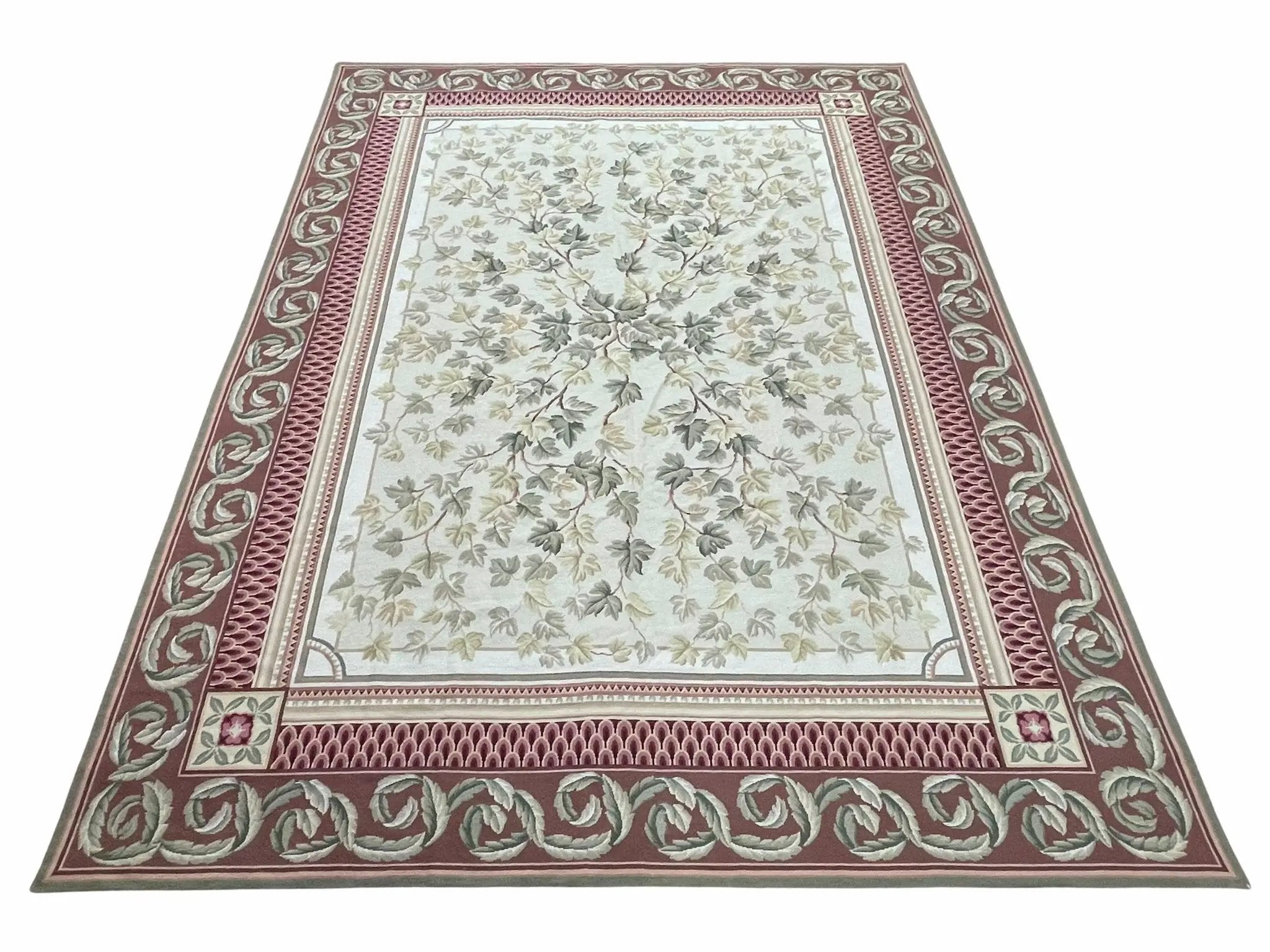 Aubusson Needlepoint Rug 9x12, Flatweave Carpet, Leaves, Wool, New, Handmade by Jewel Rugs