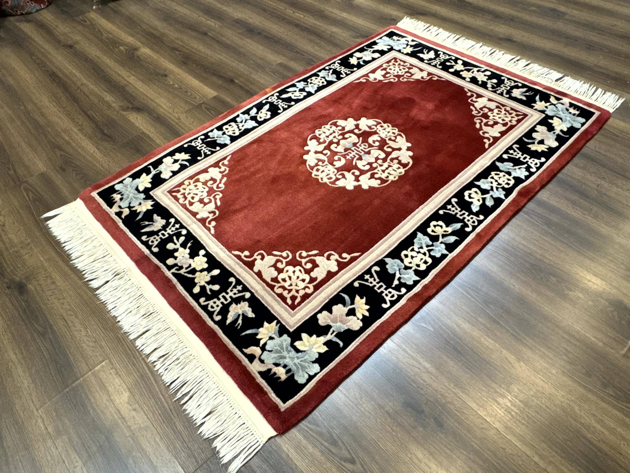 Chinese Wool Rug 4x6, Maroon and Black, Butterflies, Chinese Oriental Carpet, 90 Line Rug by Jewel Rugs