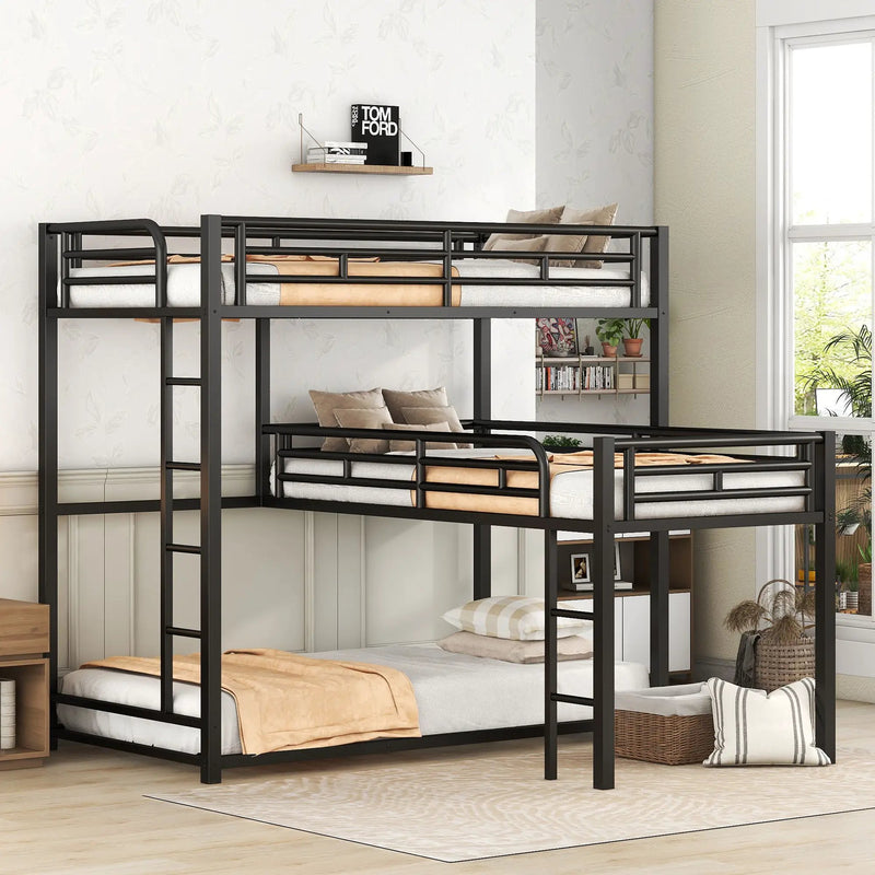 L-Shaped Triple Twin Size Bunk Bed, Industrial Design With Integrated Ladder And Full Length Guardrails - Black by HouseOfZazla