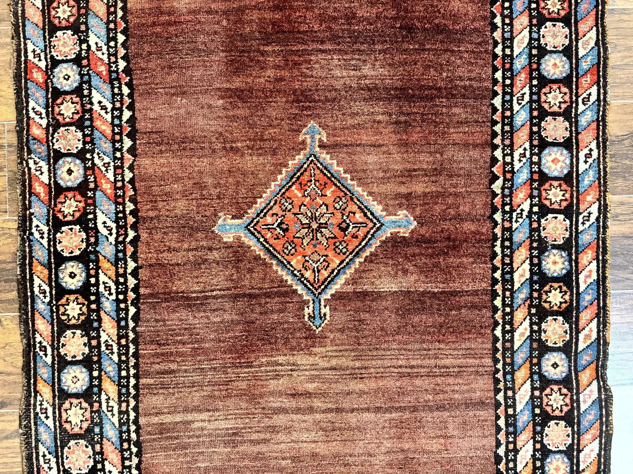 Antique Persian Rug 4x7, Sarab Tribal Wool Carpet, Brown and Multicolor, Handmade Wide Runner Rug 4 x 7, Open Field, Rainbow Border by Jewel Rugs