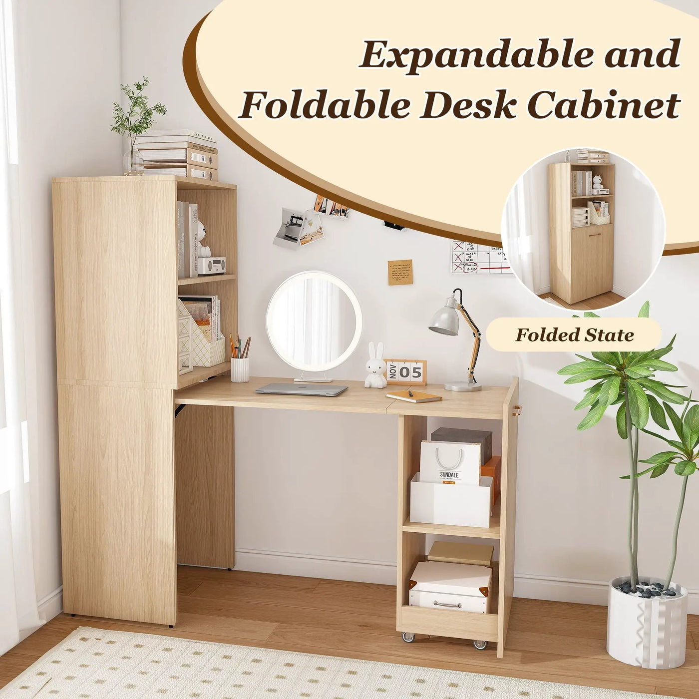 Stretchable Office Desk With Storage Shelves And Mobile Wheels by Unique Piece Furniture
