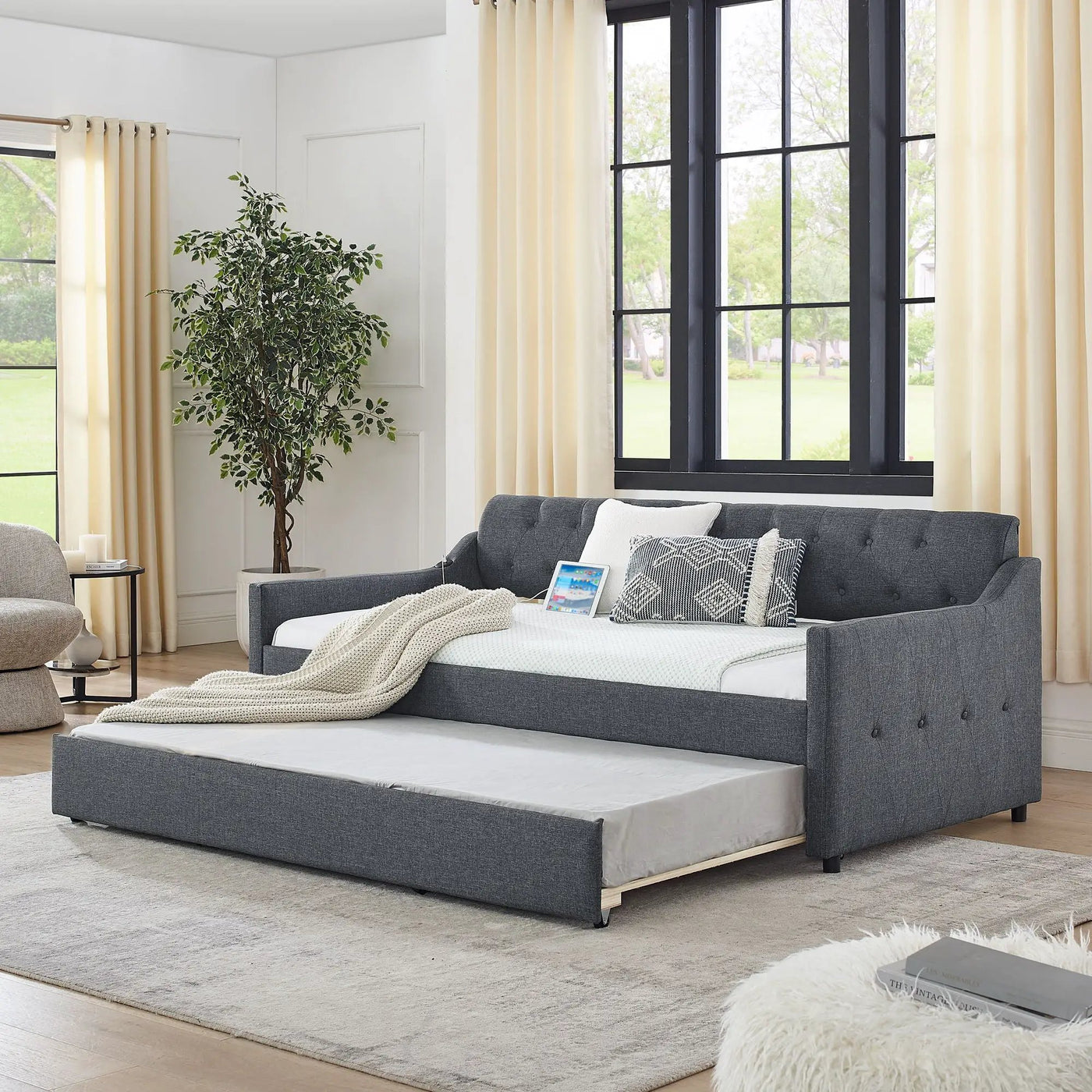 Size Upholstered Daybed With Trundle And USB Charging Armrest by Unique Piece Furniture