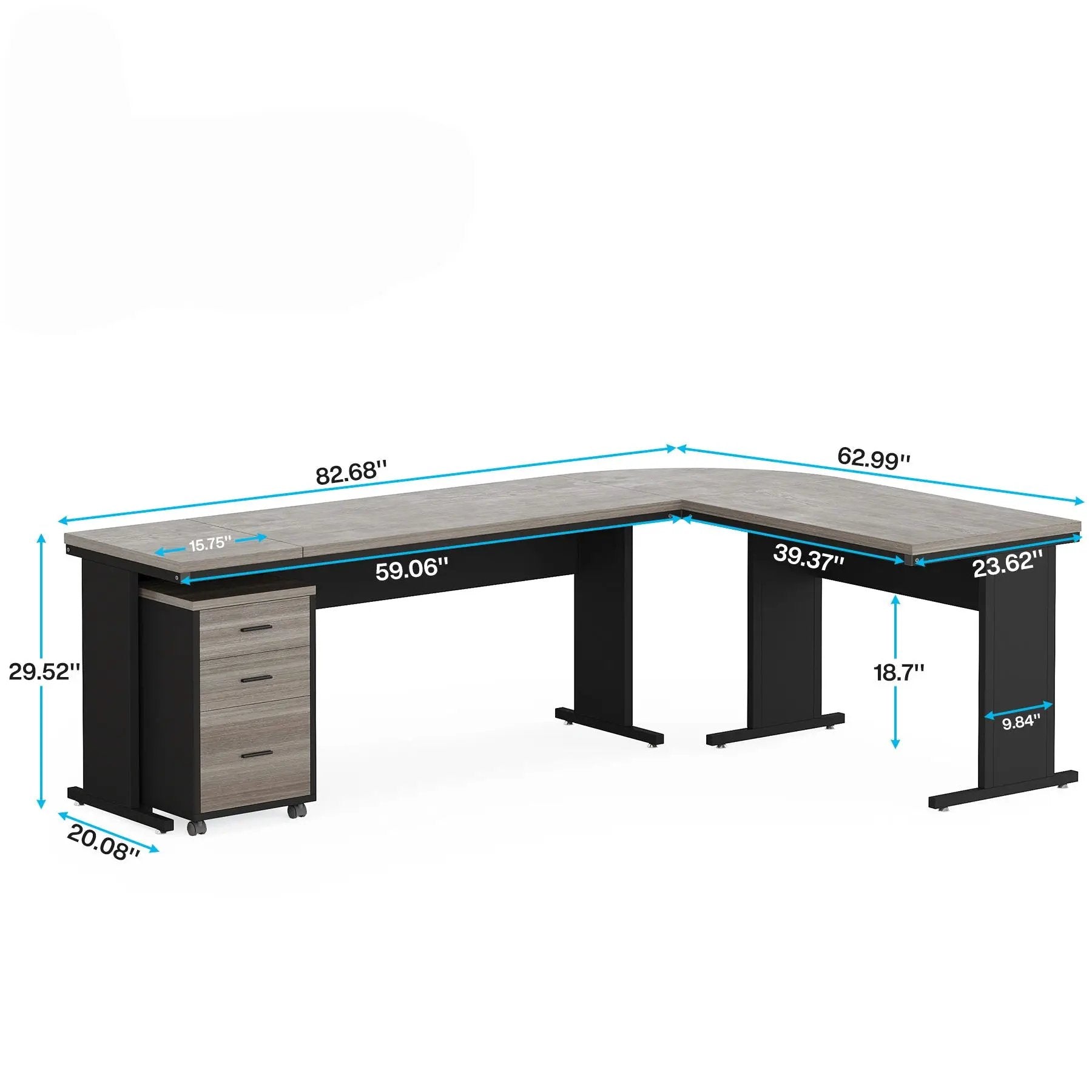 L-Shaped Executive Desk With Reversible Design, 3 Drawer Mobile File Cabinet For Home Office Workstation - Gray / Black by HouseOfZazla