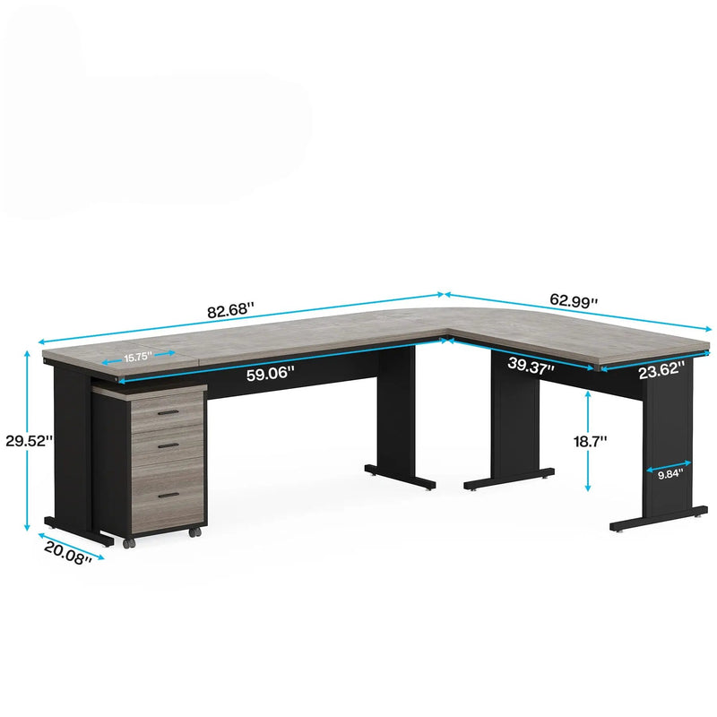 L-Shaped Executive Desk With Reversible Design, 3 Drawer Mobile File Cabinet For Home Office Workstation - Gray / Black by HouseOfZazla