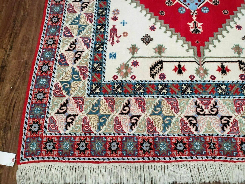 Vintage Moroccan Carpet 5x7 Area Rug, Berber Rug, Handmade Soft Wool Rug, Red Ivory and Blue, Geometric Medallion Rug, Bohemian Rug, Nice by Jewel Rugs