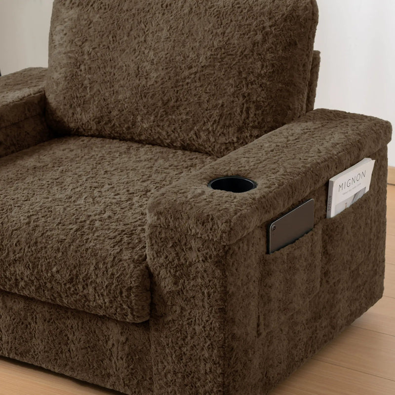 Oversized Chaise Lounge Indoor Rabbit Fur Sofa Bed With Storage Ottoman And Armrests Cup Holders With Deep Seat by HouseOfZazla