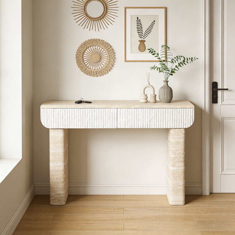 Entryway Table With 2 Hidden Handle Drawers For Entrance - Beige / Yellow by HouseOfZazla