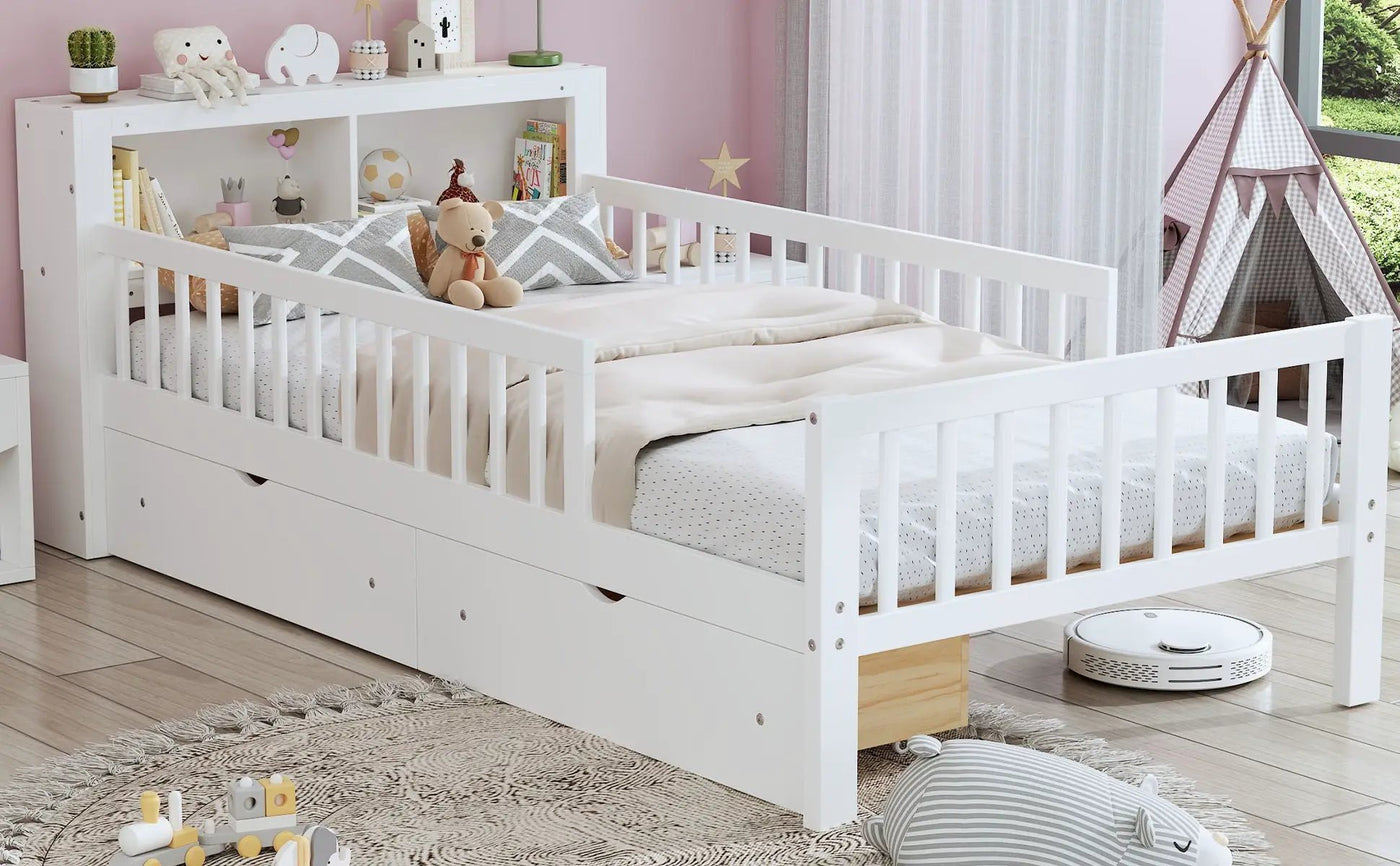 Bed With Headboard Storage Rack, 2 Under Bed Drawers, 3 Side Guardrails For Safety by HouseOfZazla