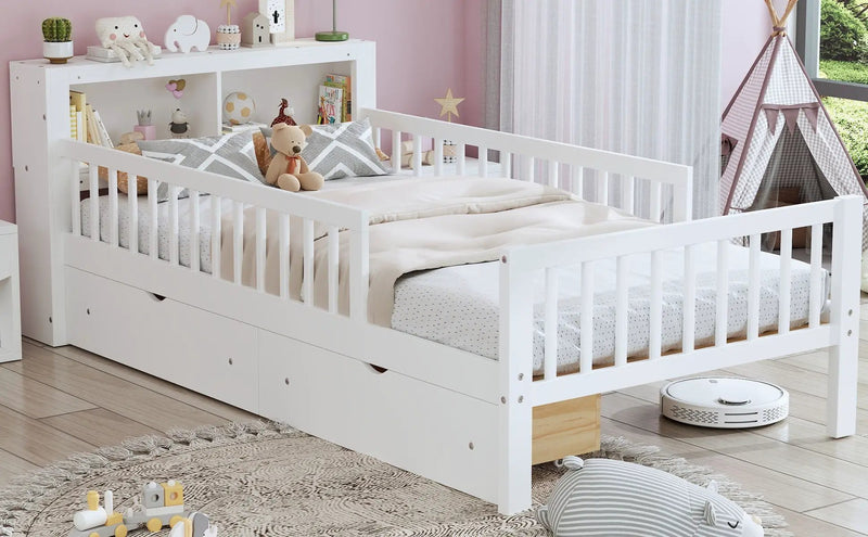 Bed With Headboard Storage Rack, 2 Under Bed Drawers, 3 Side Guardrails For Safety by HouseOfZazla