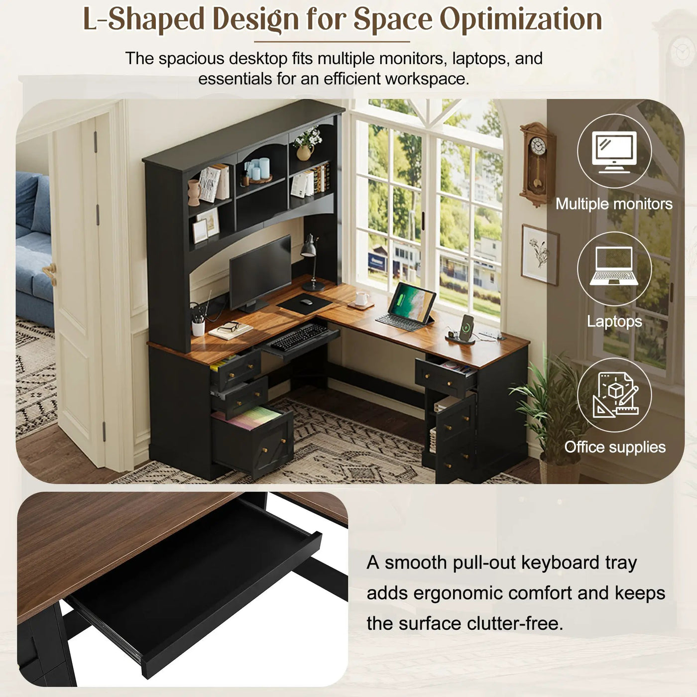 Space-Saving L-Shaped Computer Desk with Keyboard Tray & Charging Stations by HouseOfZazla