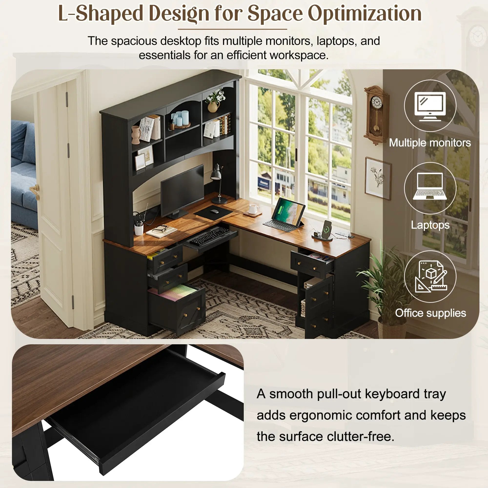 Space-Saving L-Shaped Computer Desk with Keyboard Tray & Charging Stations by HouseOfZazla