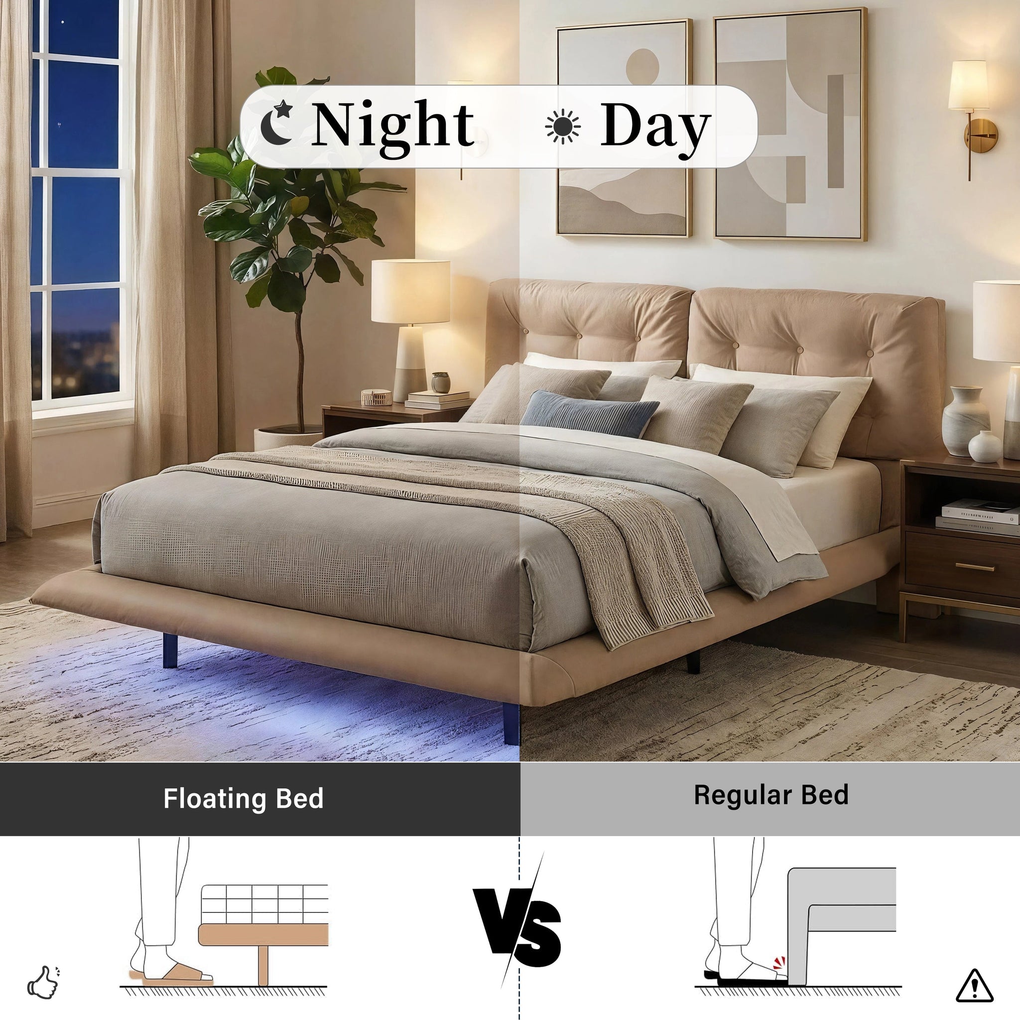 Queen Size Upholstered Floating Bed Frame with LED Lights, Khaki by HouseOfZazla