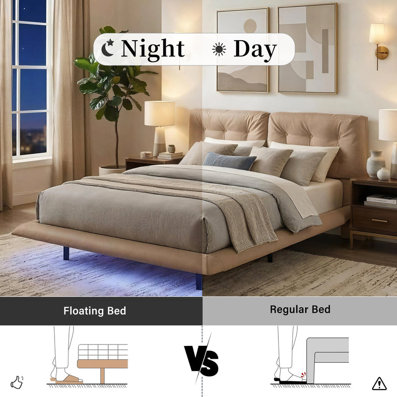 Queen Size Upholstered Floating Bed Frame with LED Lights, Khaki by HouseOfZazla
