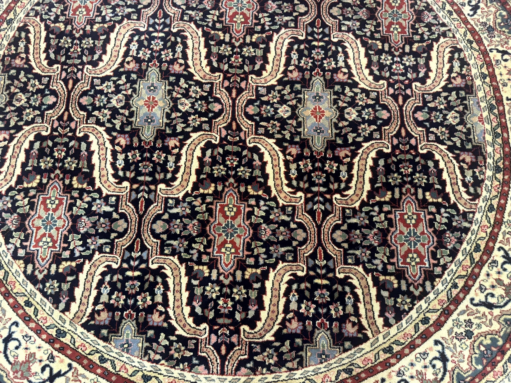 Round Indo Persian Rug 6x6, Indian Bidjar Rug, Navy Blue and Beige by Jewel Rugs