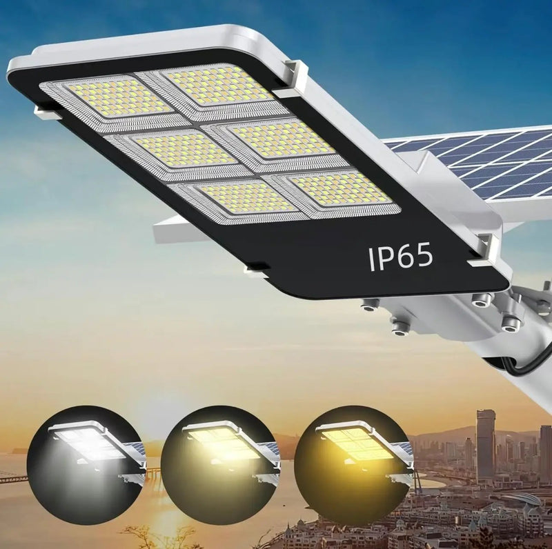 3800W Tri-Color Solar Street Lights Outdoor - Multi-Color Adjustable Lighting - 7000K LED Street Light with Remote Control - Ideal for Parking Lot, Yard, Plaza - solar parking lot lights by Outdoor Solar Outlet