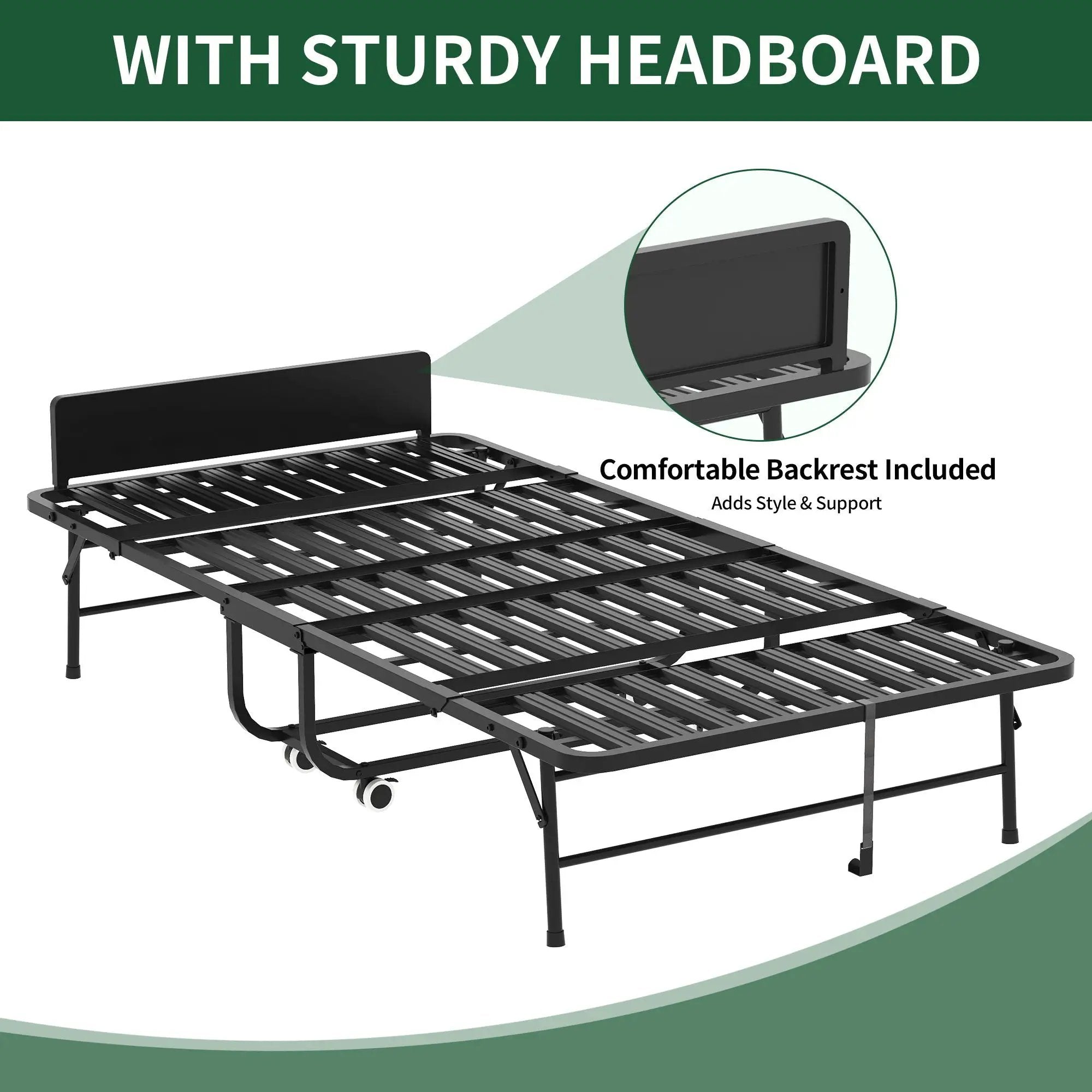 Twin Folding Bed With Adjustable Headboard, Memory Foam For Tall People, Heavy-Duty Portable On Wheels, Easy Assembly - Black by HouseOfZazla