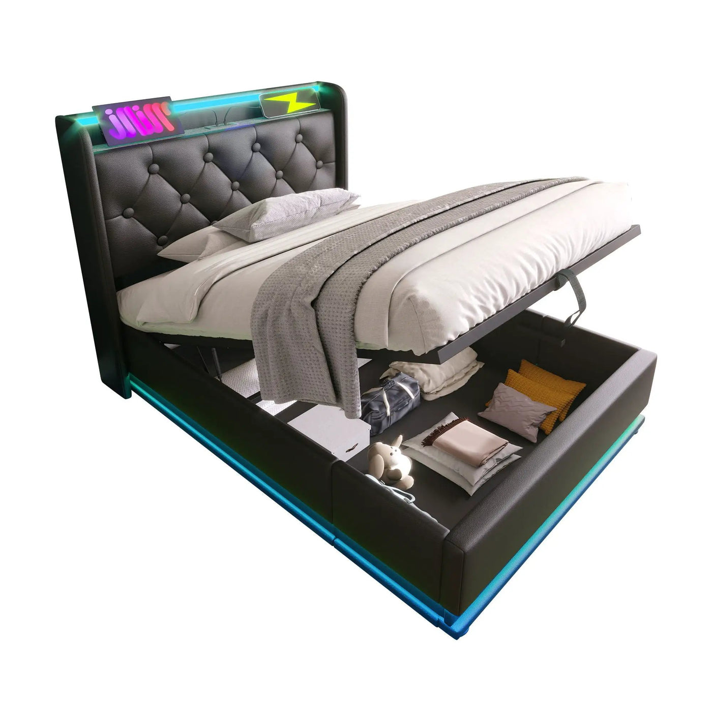 Upholstered Bed, 360 Surround LED Function, Remote Control, Hydraulic Storage Bed With USB, Type-C Charging (Without Mattress) by Unique Piece Furniture