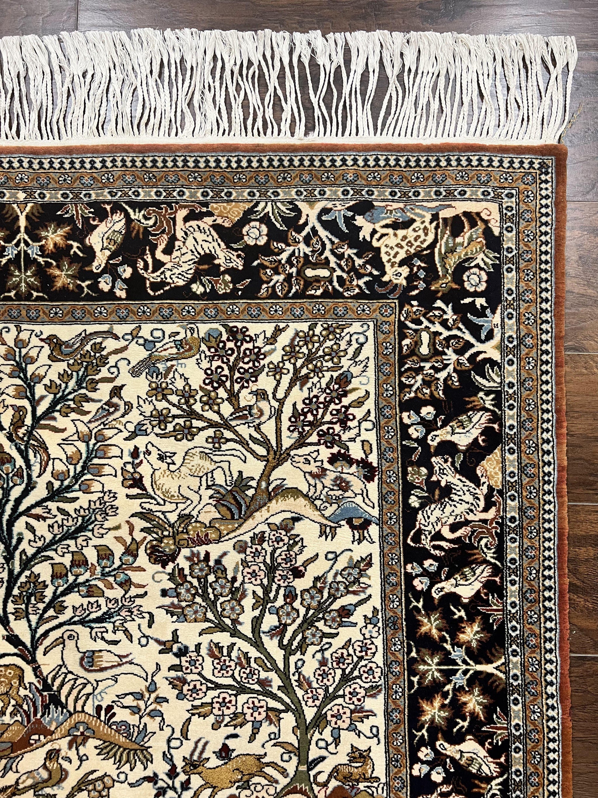 Persian Qum Tree of Life Rug 5x7, Wool and Silk Highlights, Animal Motifs, Vintage Hand Knotted Handmade Cream & Black Fine Oriental Carpet by Jewel Rugs