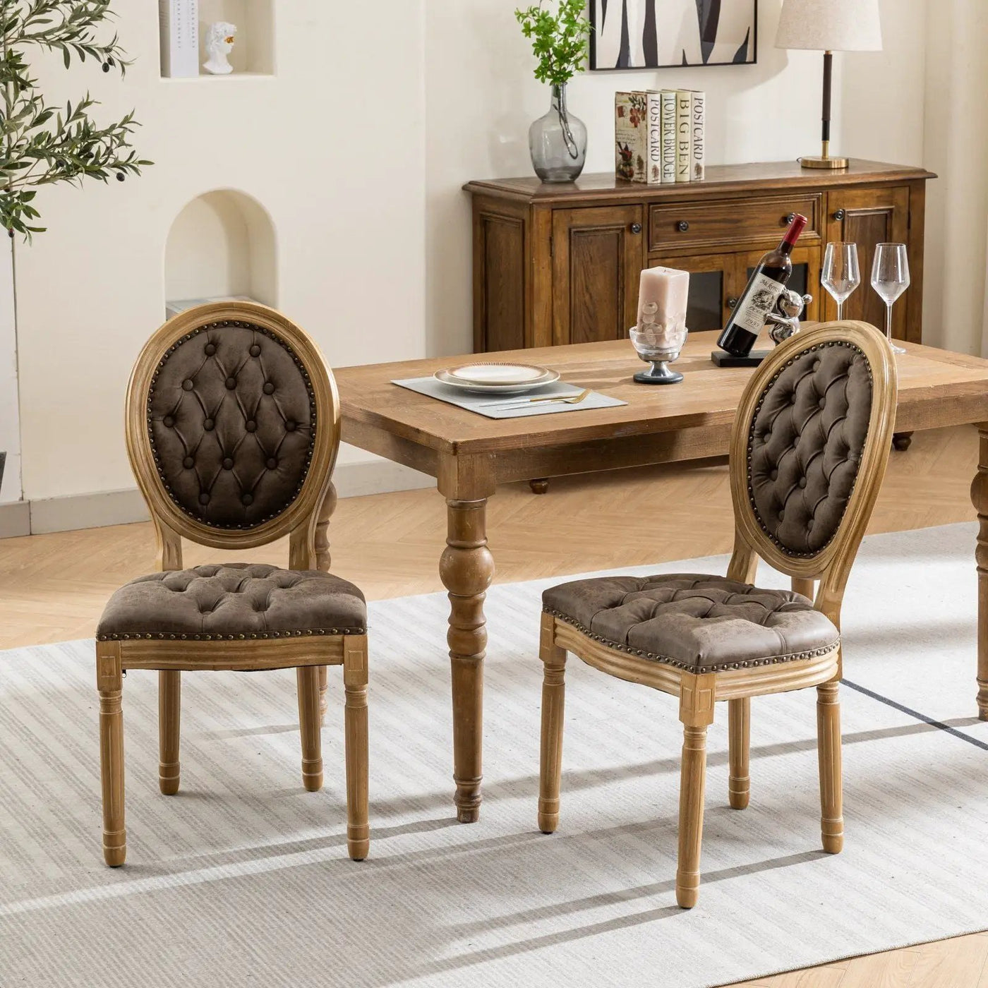 French Style Solid Wood Frame Antique Painting, Hand-Pulled Buckle Decoration Artificial Dining Chair With Nailhead Trim, Wood Legs by Unique Piece Furniture