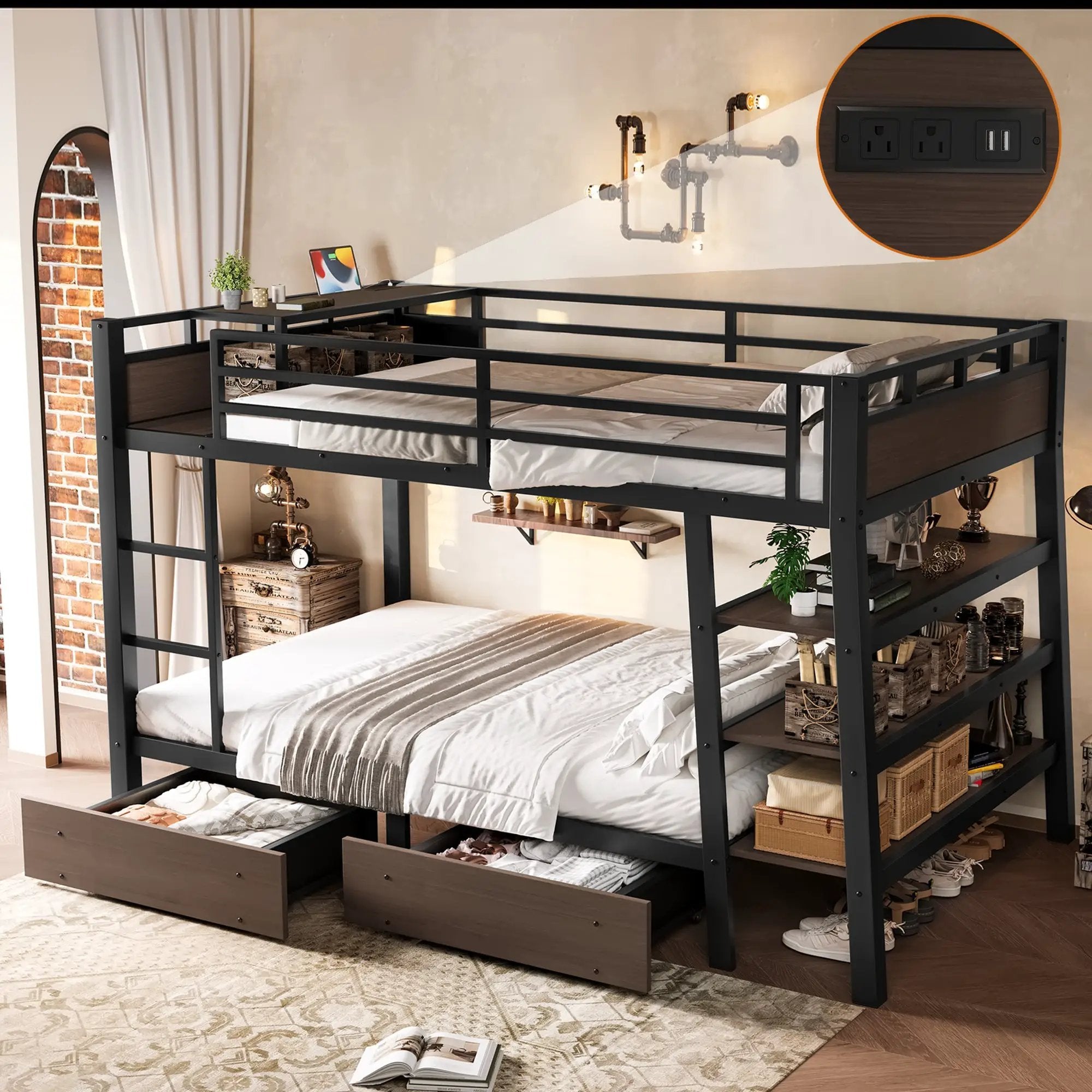 Full Size Metal Bunk Bed with Storage Shelves and USB Power Strip by HouseOfZazla