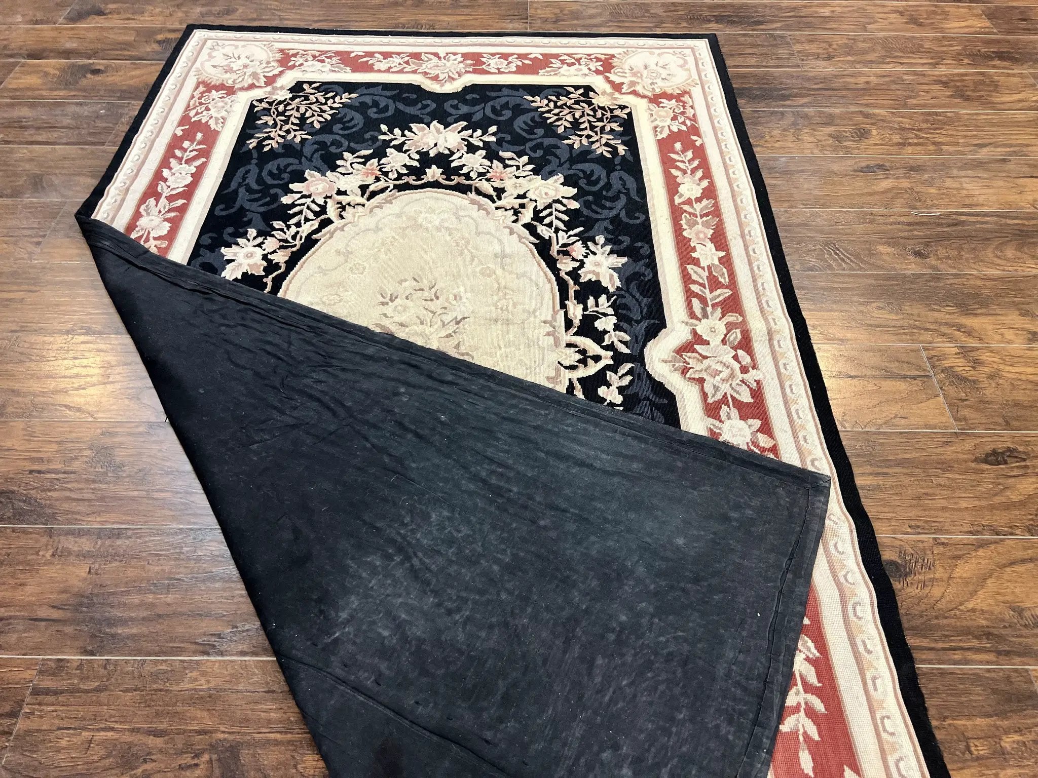 Needlepoint Rug 5x8, Wool Handmade Vintage European Design Carpet, Black & Maroon, French Aubusson Pattern Flatweave Rug by Jewel Rugs