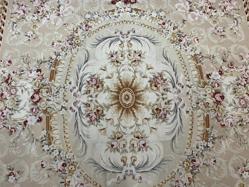 Aubusson Rug 9x12, Elegant Savonnerie Carpet 9 x 12 ft, Beige Ivory Tan, Floral, Flatweave Wool Handmade Area Rug 9 x 12 ft, European French by Jewel Rugs