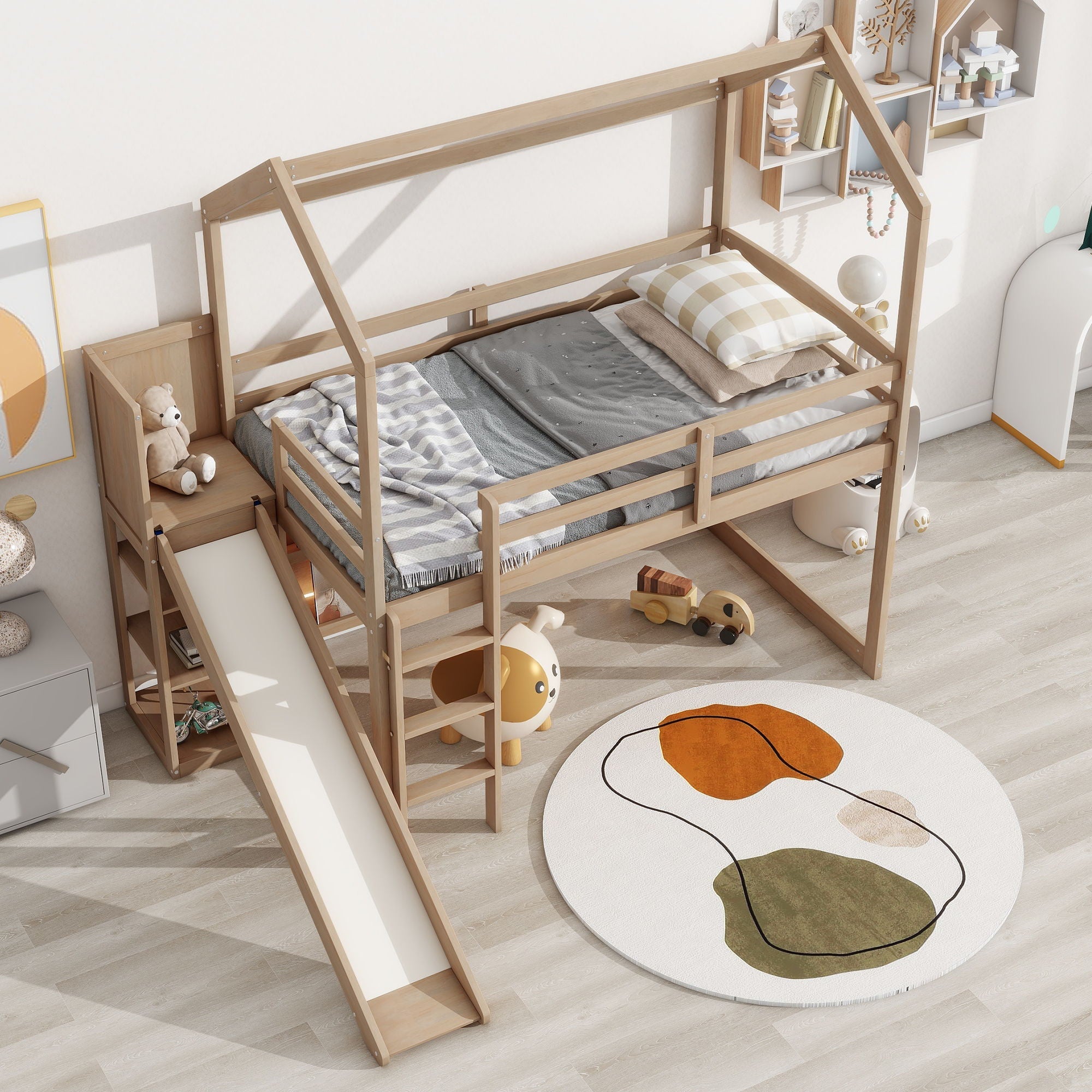 House Loft Bed With Slide, Storage Shelves And Light, Climbing Ramp by Unique Piece Furniture