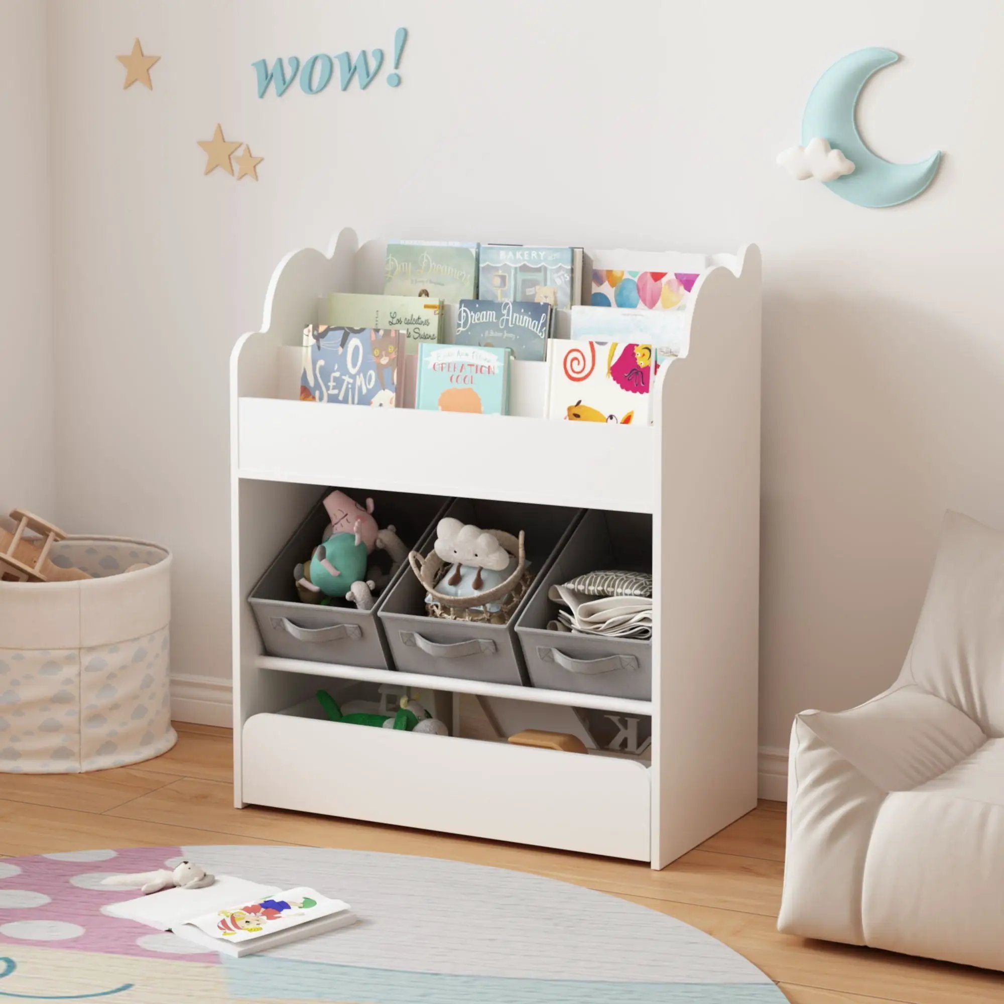 Bookshelf With Storage Bins And Drawer, Multi Functional Book Organizer For Toddlers - White by Unique Piece Furniture
